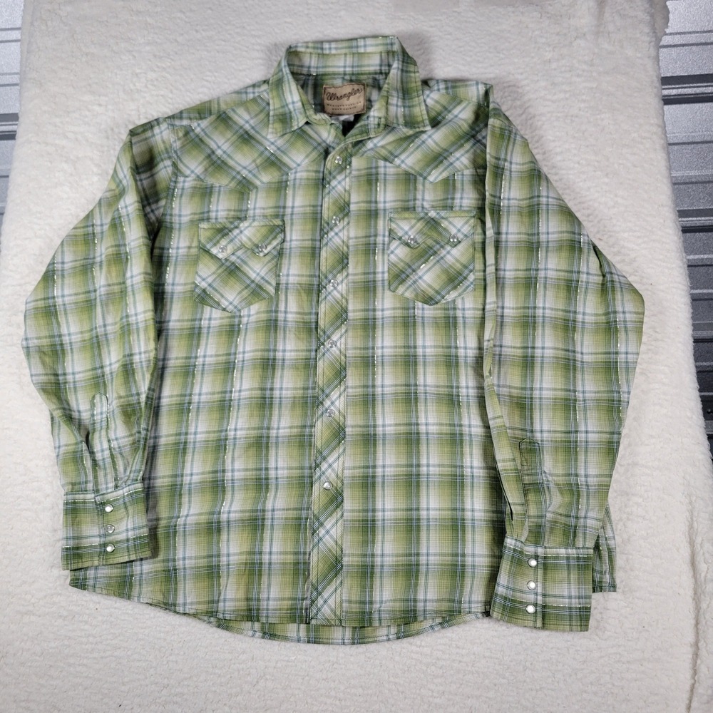 Wrangler Western Snap Shirt Mens XL Green Plaid Metallic Tinsel Pearl Button